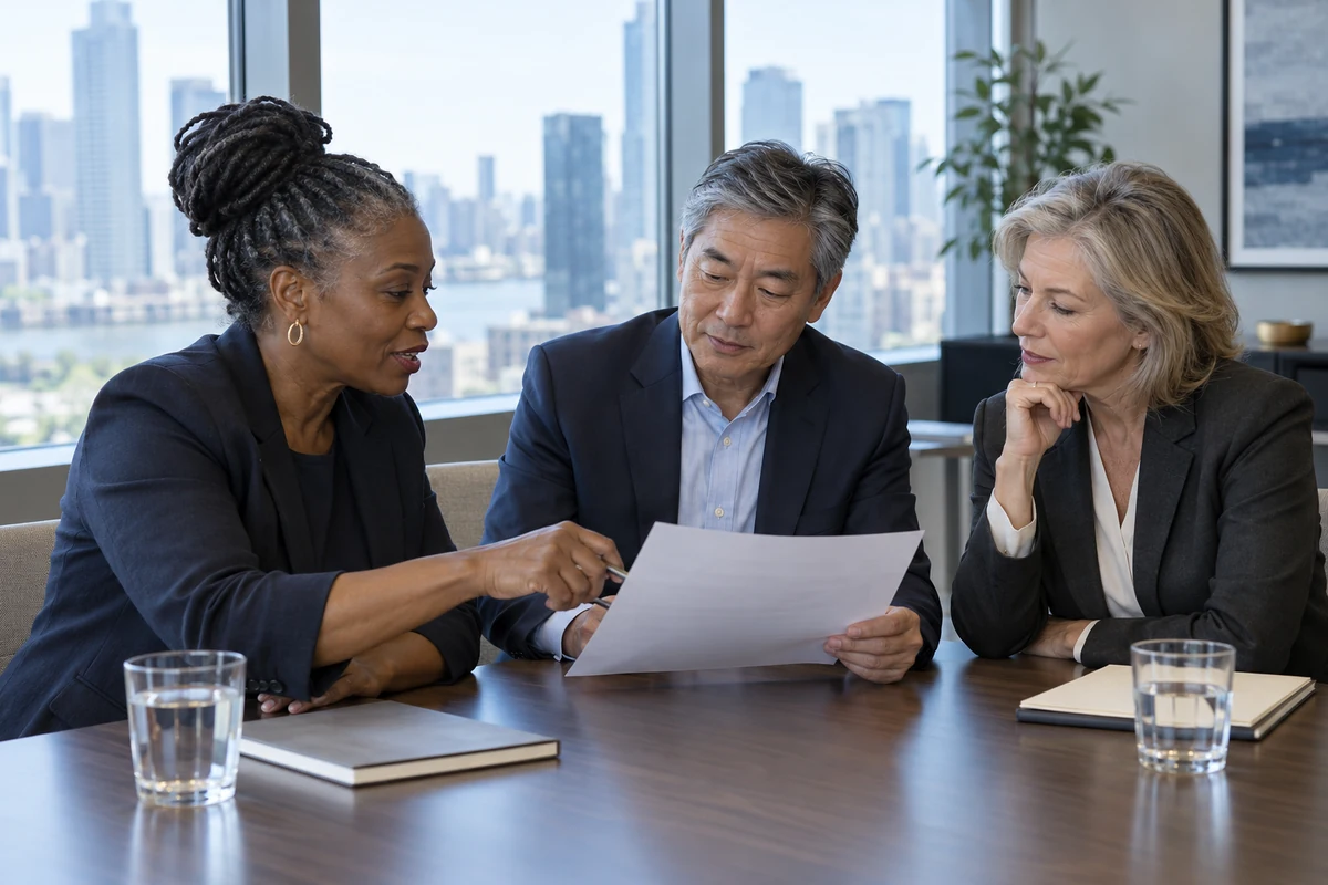 Illustrative executive discussion: three professionals review a paper document
